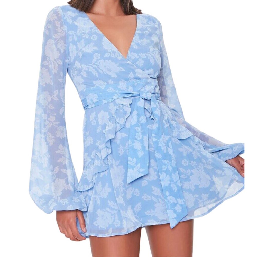 Flowy Floral Mini Dress Light Blue